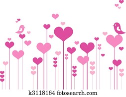 לב, פרחים, עם, צפרים