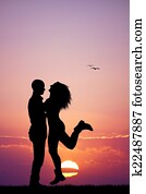 coppia felice, a, tramonto