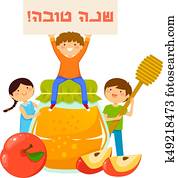 crianças, com, símbolos, de, rosh hashanah