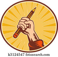 Hand holding pencil with sunburst set inside an oval Hand holding pencil with sunburst set inside an oval