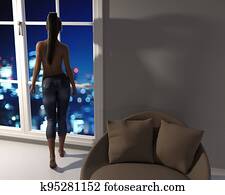 Illustration of a woman looking out of two large windows at the skyline of a city at night.