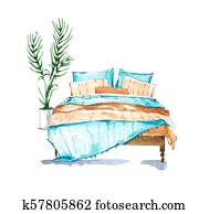 Bedroom, watercolour illustration Bedroom, watercolour illustration