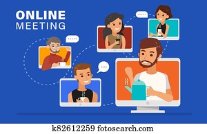 beiläufig, on-line- sitzung, mit, freunde, illustration.