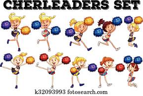cheerleaders, com, pompom, saltar baixo