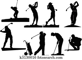 oito, golfer, silhuetas
