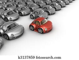 Special red car in front of many grey cars Special red car in front of many grey cars