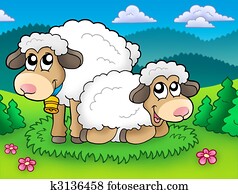זוג, של, חמוד, sheep, ב, אחו