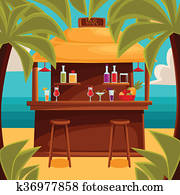 קיץ, bar,, החף, בית קפה, עם, דקלים