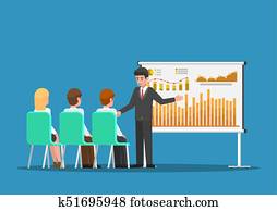 Businessman presenting financial and marketing data on presentation board.