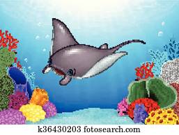 Cartoon stingray with Coral Reef Cartoon stingray with Coral Reef