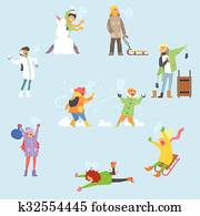 invierno, diversión, y, activities., vector, ilustración, conjunto