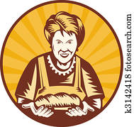 old woman presenting a freshly baked loaf of bread set inside a circle. old woman presenting a freshly baked loaf of bread set inside a circle.
