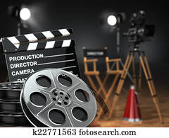 Video, movie, cinema concept. Retro camera, reels, clapperboard Video, movie, cinema concept. Retro camera, reels, clapperboard
