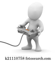 3d Little man playing a videogame