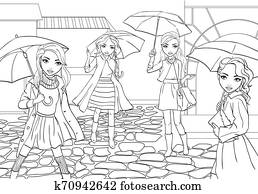 Girls With Umbrellas Walk In Rain City Girls With Umbrellas Walk In Rain City