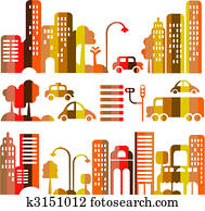 lindo, vector, ilustración, de, un, tarde, calle de la ciudad