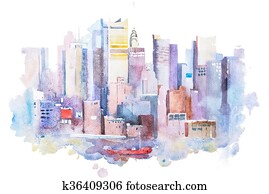 וואטארכולור, ציור, של, ניו יורק, cityscape,, usa., מנהאטן, aquarelle, לצבוע