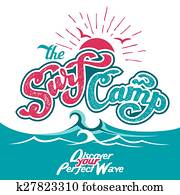 a, surfar, acampamento, mão, lettering