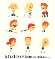 Cute smiling kids doing sports set. Activity kids playing cartoon colorful cartoon Illustrations