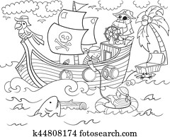 gyerekek, színezés, képben látható, a, téma, közül, kalózkodik, vektor