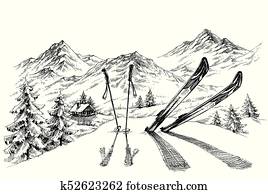 ferien, an, ski, background,, bergwelt, panorama, in, winterbilder, skizze ferien, an, ski, background,, bergwelt, panorama, in, winterbilder, skizze