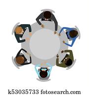 Five people different races  sitting and working together