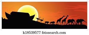 arche noahs, und, sonnenuntergang, in, background,, vektor arche noahs, und, sonnenuntergang, in, background,, vektor