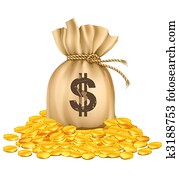 bag with dollars money on pile of golden coins bag with dollars money on pile of golden coins