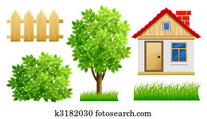 elements of green garden with house and fence elements of green garden with house and fence