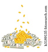 golden coins dropping down on pile of dollar packs golden coins dropping down on pile of dollar packs