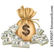 sac, à, paquets, de, dollars, argent