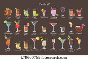 Set of drinks on a brown background. Vector graphics. Set of drinks on a brown background. Vector graphics.