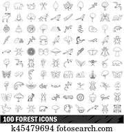 100 forest icons set, outline style 100 forest icons set, outline style