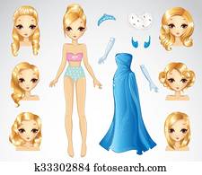 Beau, jeunes filles, à, longs cheveux, dans, a, mode, robes soirée, bleu, et, or, couleurs, isolé, blanc, fond Clipart Beau, jeunes filles, à, longs cheveux, dans, a, mode, robes soirée, bleu, et, or, couleurs, isolé, blanc, fond Clipart