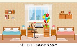 Children bedroom interior with two beds, holiday balloons, toys, table with desktop computer and window.