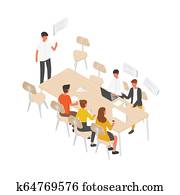 Group of people or office workers sitting at table and talking to each other. Work meeting, formal discussion, team communication, brainstorm, business negotiation. Isometric vector illustration. Group of people or office workers sitting at table and talking to each other. Work meeting, formal discussion, team communication, brainstorm, business negotiation. Isometric vector illustration.