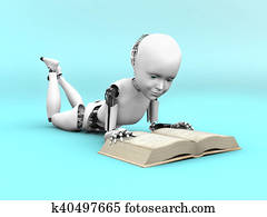 3D rendering of a robot child reading a book. 3D rendering of a robot child reading a book.