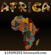 Africa map with African typography made of patchwork fabric texture Africa map with African typography made of patchwork fabric texture