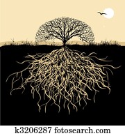 baum, silhouette, mit, wurzeln baum, silhouette, mit, wurzeln