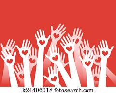 manos levantar, con, corazones