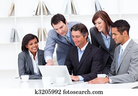 Multi-cultural business team looking at a laptop