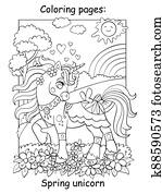 söt, fjäder, enhörning, med, blomstrar, kolorit, vektor