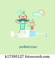 pediatrician is flying on a syringe with a sick child pediatrician is flying on a syringe with a sick child
