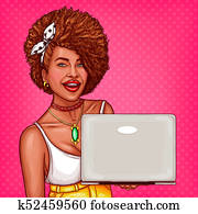 platzen kunst, abbildung, von, a, schwarze frau, demonstriert, a, neu, laptop, modell