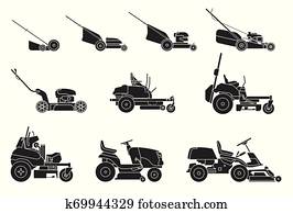 unterschiedliche, arten, von, rasenm?her, freigestellt, wei?, hintergrund., gem?ht, grass., vektor, abbildung, von, gartenarbeit, grass-cutter. unterschiedliche, arten, von, rasenm?her, freigestellt, wei?, hintergrund., gem?ht, grass., vektor, abbildung, von, gartenarbeit, grass-cutter.