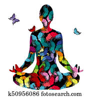 תקציר, אישה, צללית, ב, יוגה מניחה, עם, פרפרים