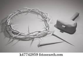 Crucifixion Of Jesus Christ - Cross With Hammer Nails And Crown Of Thorns 3D Rendering White Background