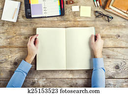 Desktop mix on a wooden office table.