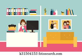 eigenheim, büro., frau, berufsalltag, in, eigenheim, interior., flache, design eigenheim, büro., frau, berufsalltag, in, eigenheim, interior., flache, design
