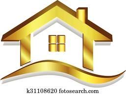 gold, haus, logo, 3d, vektor